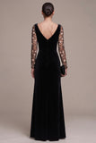 Black A-Line Long Sleeves Sweetheart Maxi Velvet Dress with Embroidery