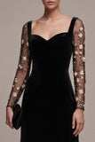 Black A-Line Long Sleeves Sweetheart Maxi Velvet Dress with Embroidery