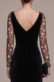 Black A-Line Long Sleeves Sweetheart Maxi Velvet Dress with Embroidery