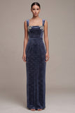 Dusty Blue Square Neck Rhinestone Appliques Sheath Long Velvet Dress with Beading