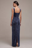 Dusty Blue Square Neck Rhinestone Appliques Sheath Long Velvet Dress with Beading
