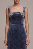 Dusty Blue Square Neck Rhinestone Appliques Sheath Long Velvet Dress with Beading