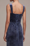 Dusty Blue Square Neck Rhinestone Appliques Sheath Long Velvet Dress with Beading