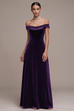 Plum Off the Shoulder A-Line Satin Maxi Velvet Dress