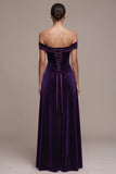 Plum Off the Shoulder A-Line Satin Maxi Velvet Dress