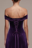 Plum Off the Shoulder A-Line Satin Maxi Velvet Dress