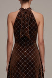 Coffee Halter High-Low A-Line Velvet Dress with Beading