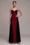 Red and Black Sheath Spaghetti Straps A-Line Glitter Maxi Velvet Dress