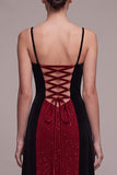 Red and Black Sheath Spaghetti Straps A-Line Glitter Maxi Velvet Dress