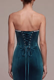 Peacock Blue Corset Mermaid Strapless Long Velvet Dress with Rhinestone