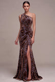 Plum Brown Velvet One Shoulder Floral Ruched Maxi Velvet Dress with Side Slit