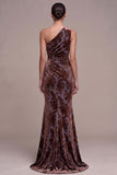 Plum Brown Velvet One Shoulder Floral Ruched Maxi Velvet Dress with Side Slit