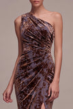 Plum Brown Velvet One Shoulder Floral Ruched Maxi Velvet Dress with Side Slit