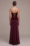 Burgundy Strapless Sheath Jacquard Maxi Velvet Dress