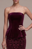 Burgundy Strapless Sheath Jacquard Maxi Velvet Dress
