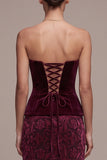 Burgundy Strapless Sheath Jacquard Maxi Velvet Dress