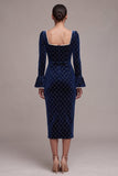 Royal Blue Sheath Ruched Pearls Midi Velvet Dress with Long Flare Sleeves