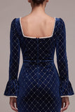 Royal Blue Sheath Ruched Pearls Midi Velvet Dress with Long Flare Sleeves