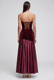 Burgundy Mermaid Strapless Satin Pleated Maxi Velvet Dress