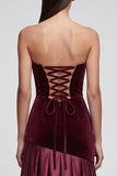 Burgundy Mermaid Strapless Satin Pleated Maxi Velvet Dress
