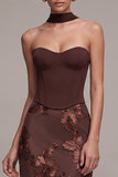 Coffee Corset Sheath Strapless Floral Appliques Maxi Formal Dress