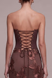 Coffee Corset Sheath Strapless Floral Appliques Maxi Formal Dress