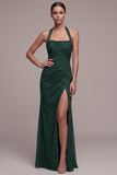 Dark Green Sheath Halter Ruched Beaded Maxi Formal Dress with Slit