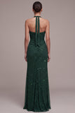 Dark Green Sheath Halter Ruched Beaded Maxi Formal Dress with Slit