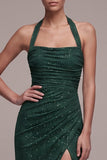 Dark Green Sheath Halter Ruched Beaded Maxi Formal Dress with Slit