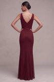 Burgundy Mermaid Cowl Neck Beaded Maxi Formal Dress
