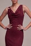 Burgundy Mermaid Cowl Neck Beaded Maxi Formal Dress