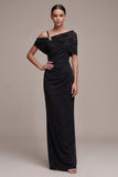 Black Sheath Asymmetrical Off the Shoulder Ruched Maxi Formal Dress