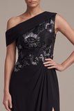 Black Sheath Asymmetrical One Shoulder Ruched Long Formal Dress with Appliques