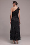 Black Sheath One Shoulder Floral Appliques Maxi Formal Dress with Slit