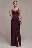 Burgundy Corset Sheath Square Neck Ruched Maxi Formal Dress with Lace