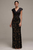 Black Sheath V-Neck Satin Printed Long Formal Dress