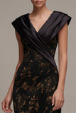 Black Sheath V-Neck Satin Printed Long Formal Dress