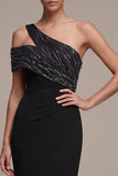 Black Sheath Asymmetrical One Shoulder Long Formal Dress with Side Slit