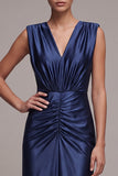 Navy Sheath V-Neck Ruched Long Formal Dress with Front Slit