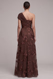 Coffee A-Line Asymmetrical One Shoulder Floral Appliques Maxi Formal Dress