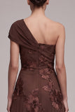 Coffee A-Line Asymmetrical One Shoulder Floral Appliques Maxi Formal Dress