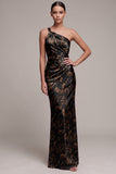 Black Sheath One Shoulder Ruched Printed Satin Maxi Formal Dress