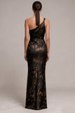 Black Sheath One Shoulder Ruched Printed Satin Maxi Formal Dress