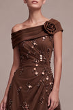Coffee A-Line Asymmetrical One Shoulder Ruched High-Low Formal Dress with 3D Flower