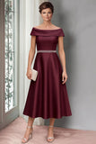 Off the Shoulder Burgundy A-Line Satin Midi Mother of the Bride Dress with Belt