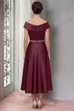 Off the Shoulder Burgundy A-Line Satin Midi Mother of the Bride Dress with Belt