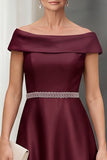 Off the Shoulder Burgundy A-Line Satin Midi Mother of the Bride Dress with Belt