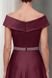 Off the Shoulder Burgundy A-Line Satin Midi Mother of the Bride Dress with Belt