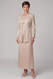 Champagne 2-Piece Jacquard Sheath Round Neck Long Mother of the Bride Dress with Jacket