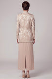 Champagne 2-Piece Jacquard Sheath Round Neck Long Mother of the Bride Dress with Jacket